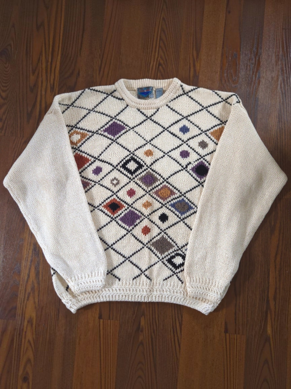 Vintage Etchings Knit Sweater 90s hand knit colorful abstract style - Large